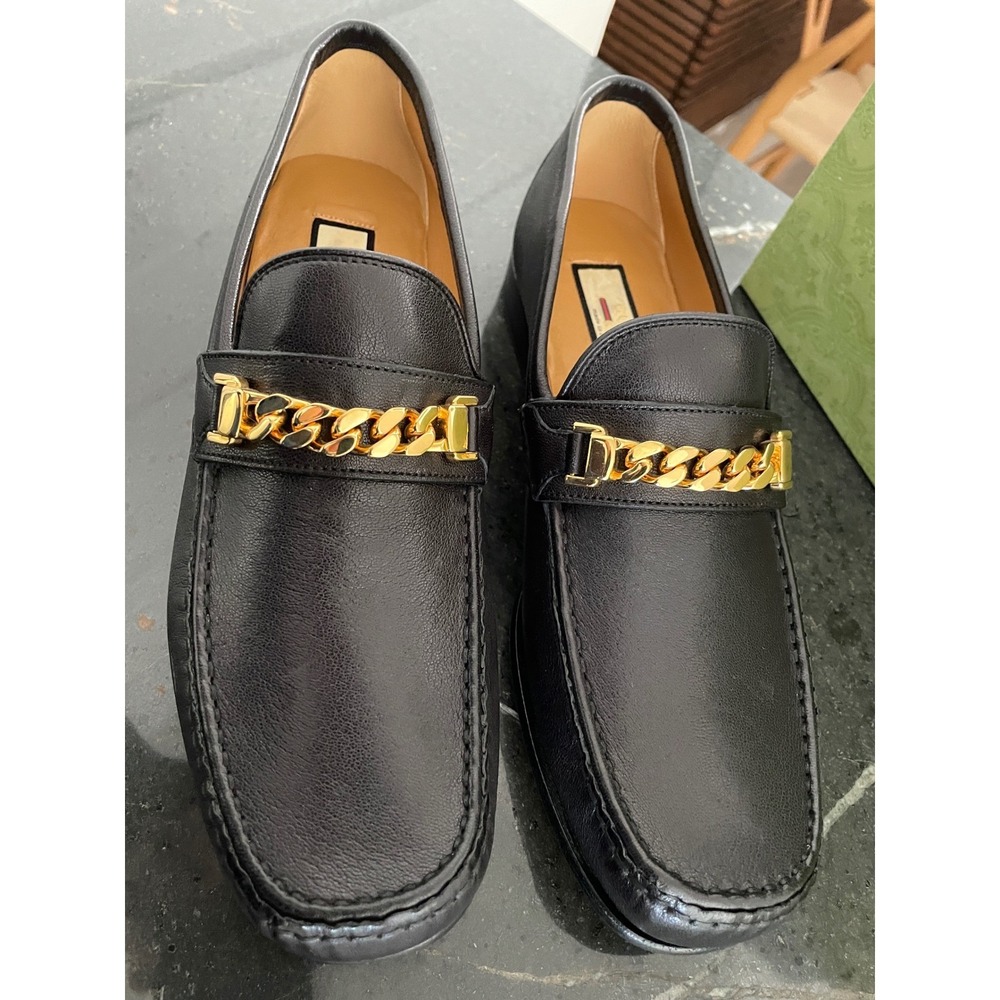 GUCCI 643620 black leather loafers with gold-tone chain horsebit, UK 9